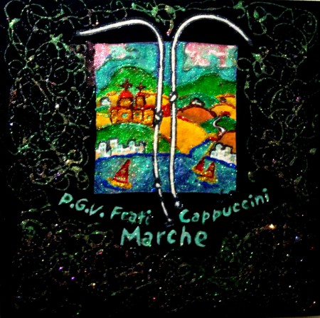 Riciclo creativo di vecchia T-shirt applicata su tela 40x40 con aggiunta di glitter 40x40 - collezione privata