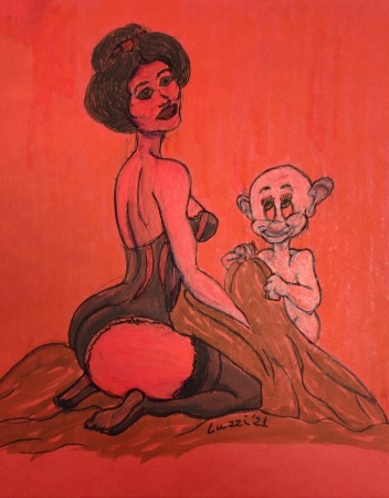 Bincaneve e Cucciolo - tratto pen e pennarelli su carta rossa formato A4